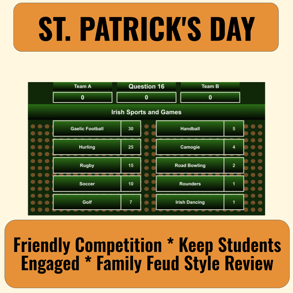 30 St. Patrick's Day Family Feud Style Questions and Answers Template for Google Slides