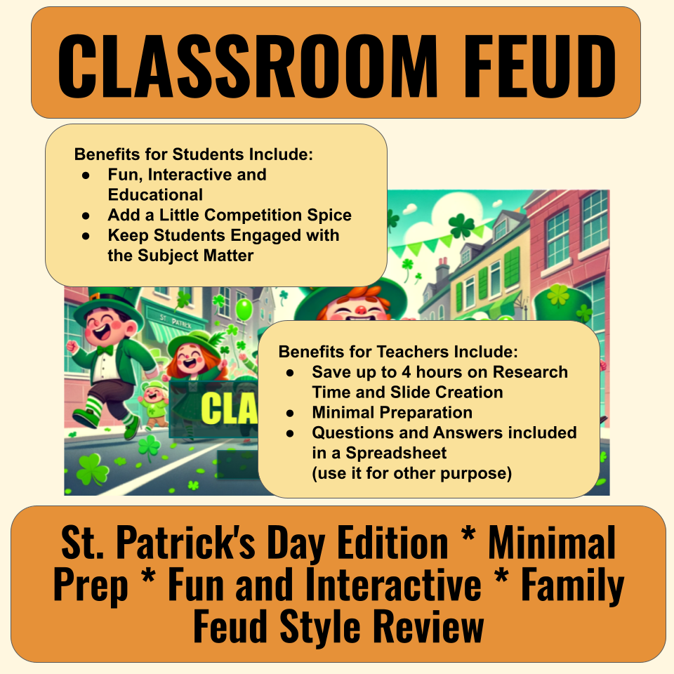 30 St. Patrick's Day Family Feud Style Questions and Answers Template for Google Slides