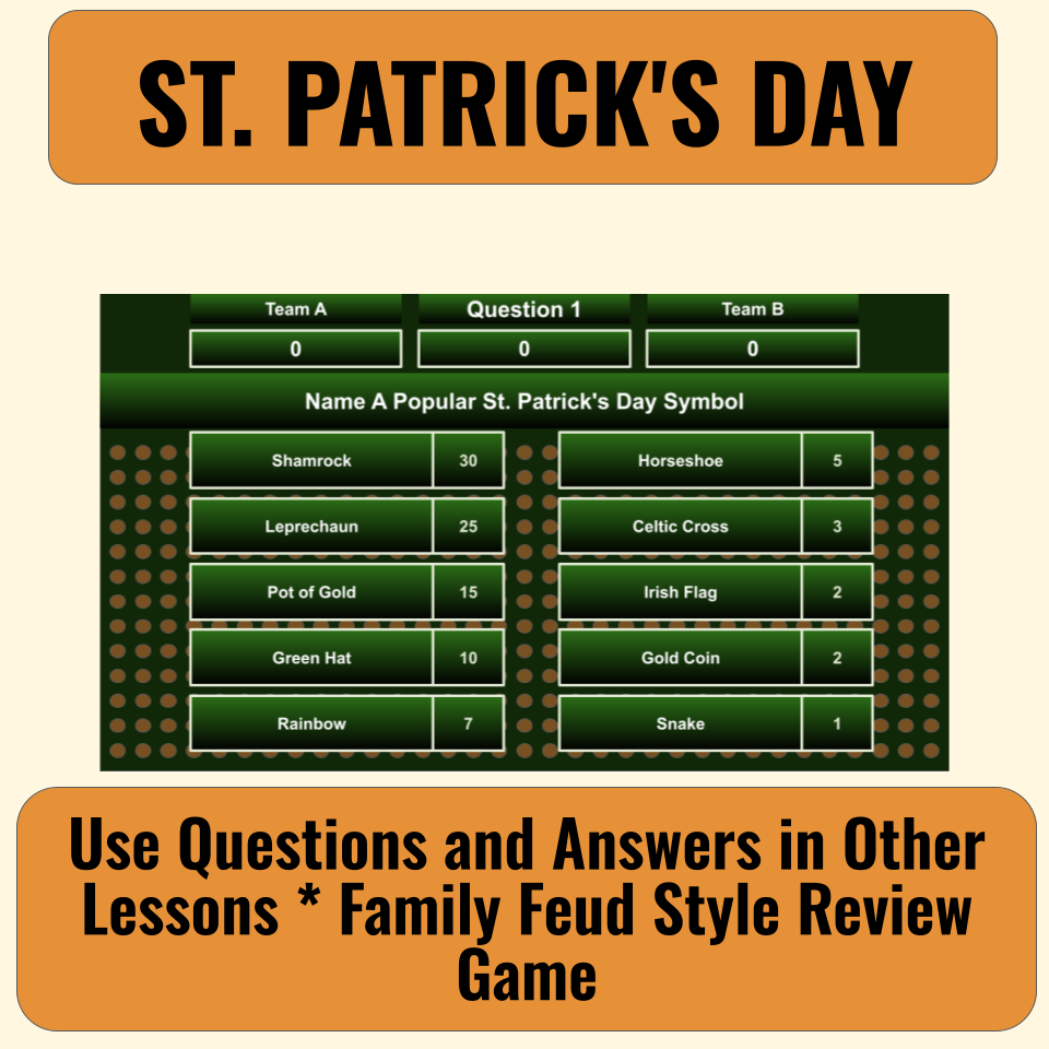 30 St. Patrick's Day Family Feud Style Questions and Answers Template for Google Slides