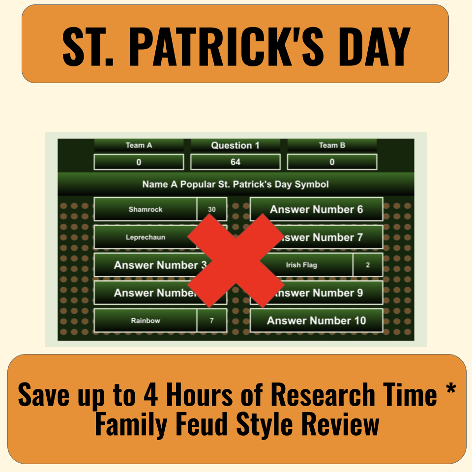 30 St. Patrick's Day Family Feud Style Questions and Answers Template for Google Slides