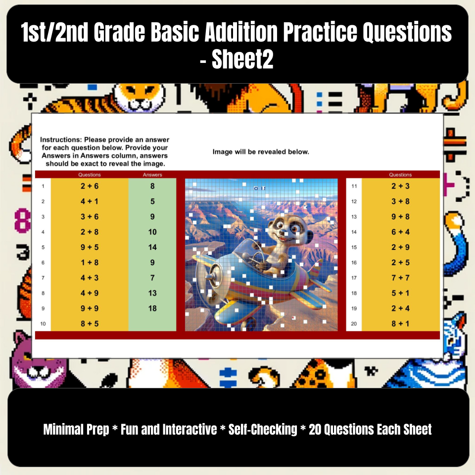 Pixel Art Math for Google Sheets (Addition 1 digit + 1 digit) Digital