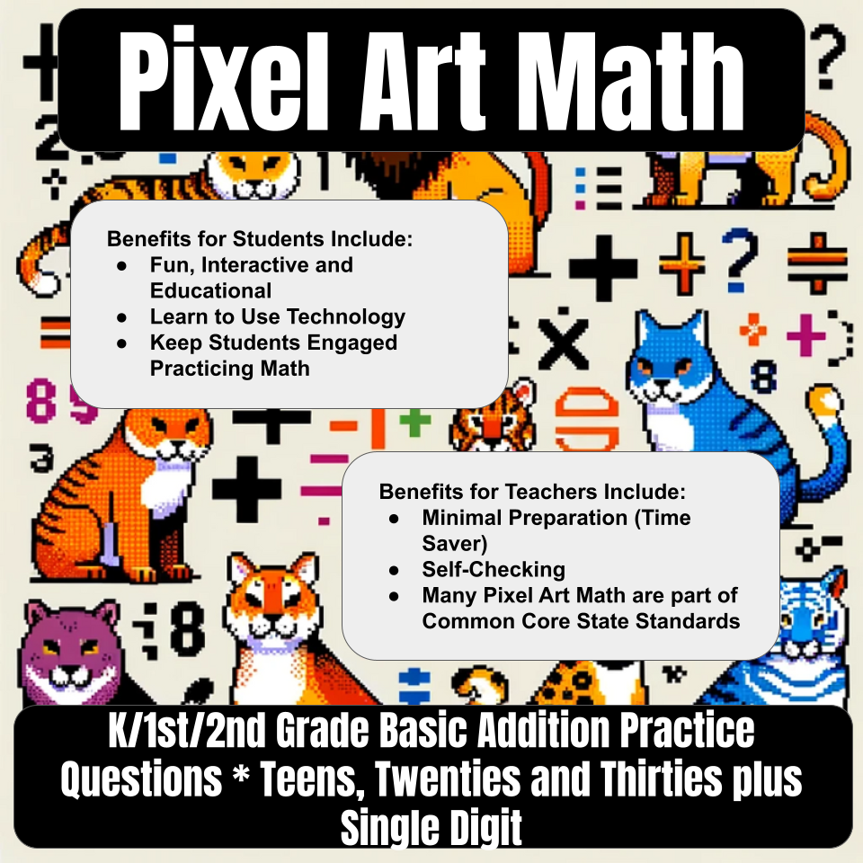 Pixel Art Math 2 Digit(10s,20s,30s) + 1 Digit Addition for Google Sheets