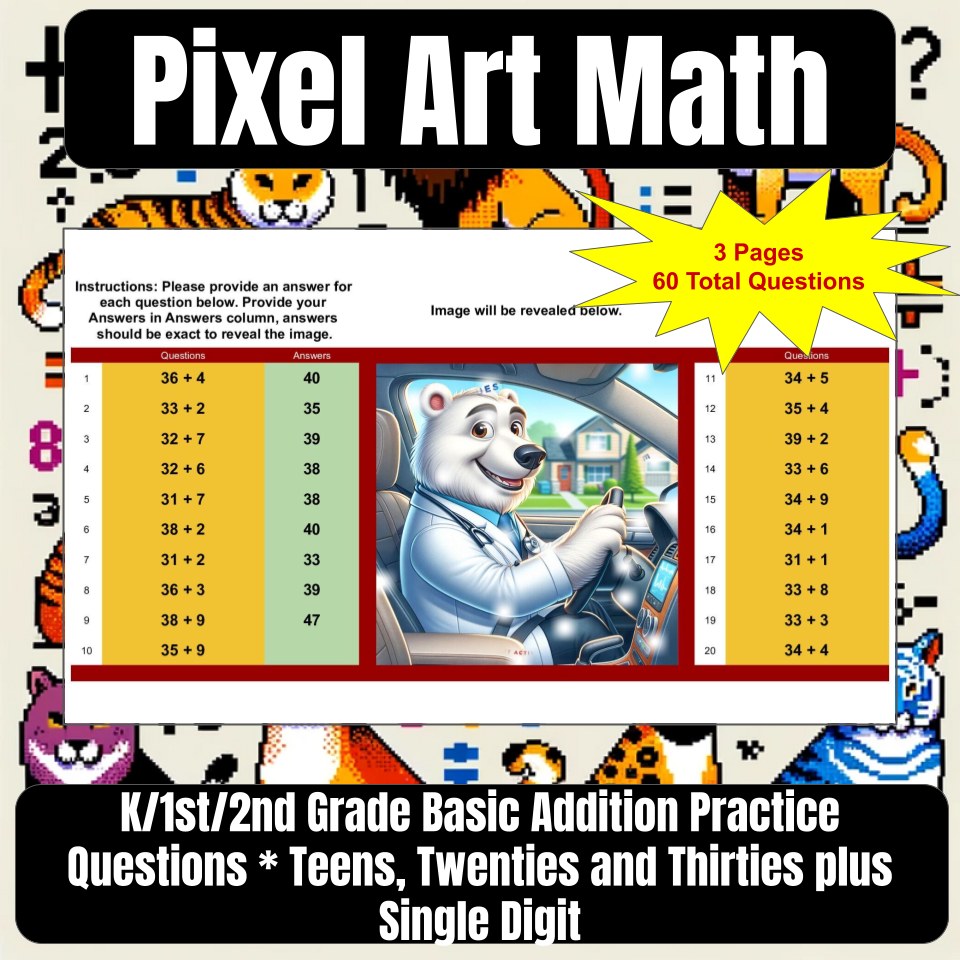 Pixel Art Math 2 Digit(10s,20s,30s) + 1 Digit Addition for Google Sheets