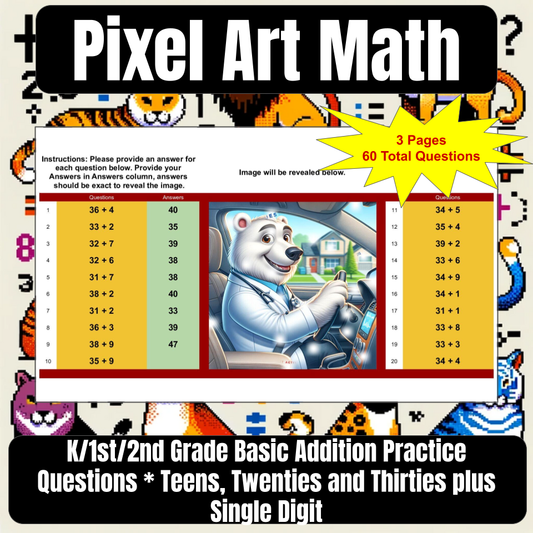 Pixel Art Math 2 Digit(10s,20s,30s) + 1 Digit Addition for Google Sheets