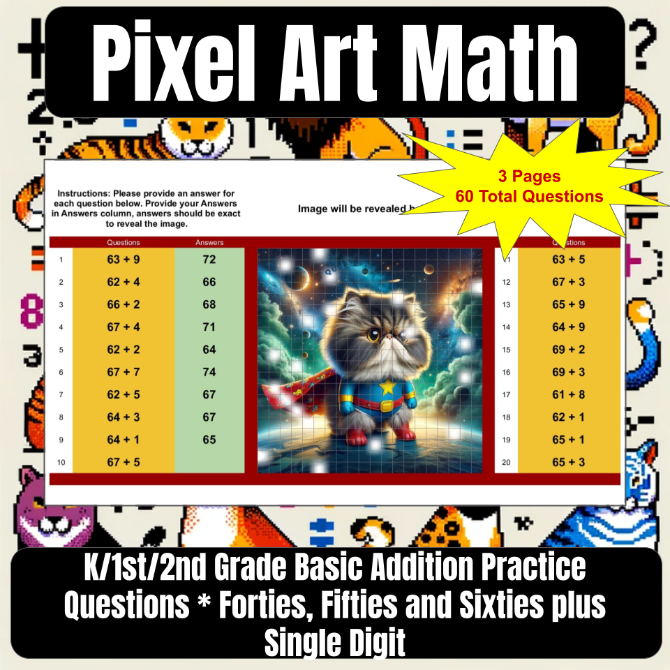 Pixel Art Math 2 Digit(40s,50s,60s) + 1 Digit Addition for Google Sheets