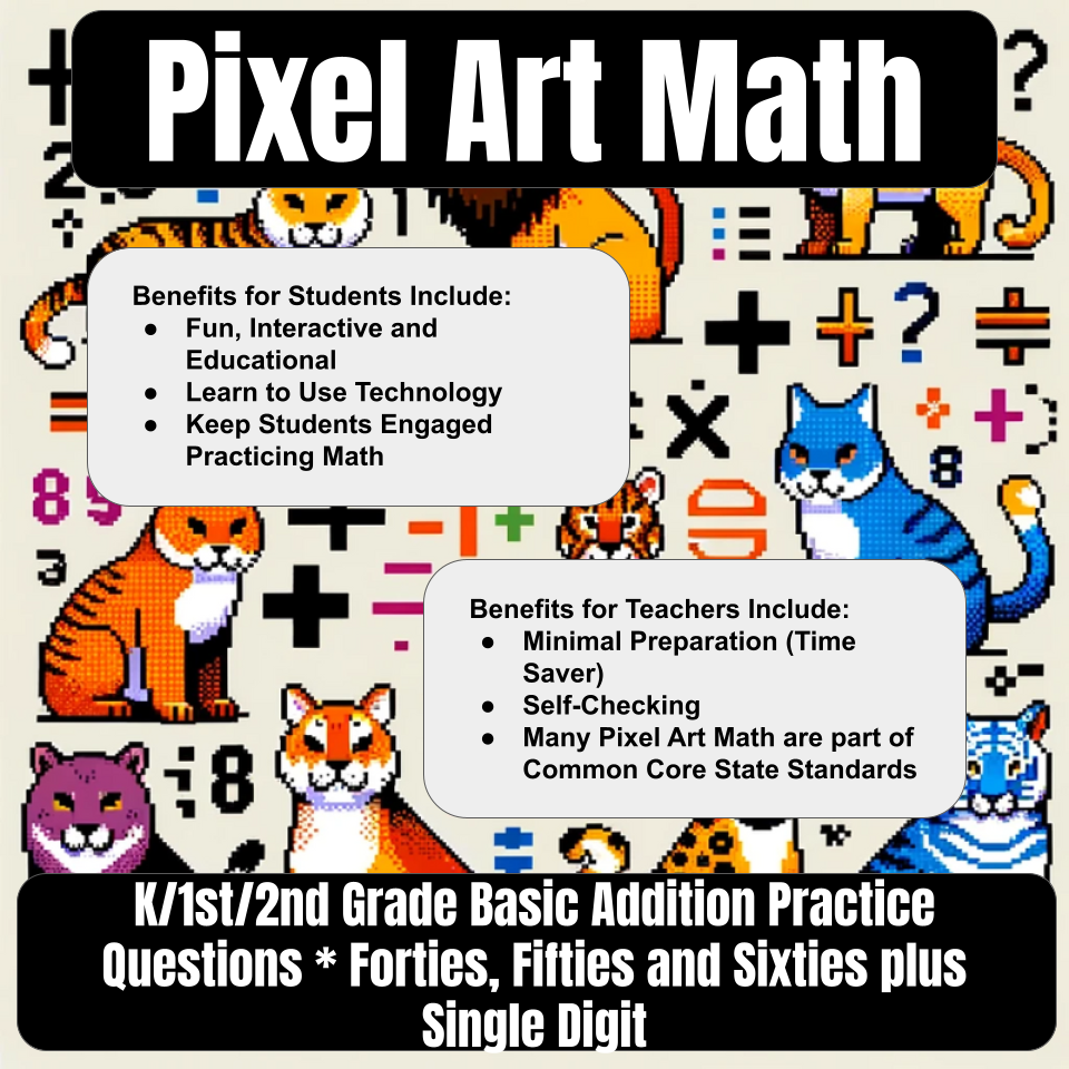 Pixel Art Math 2 Digit(40s,50s,60s) + 1 Digit Addition for Google Sheets