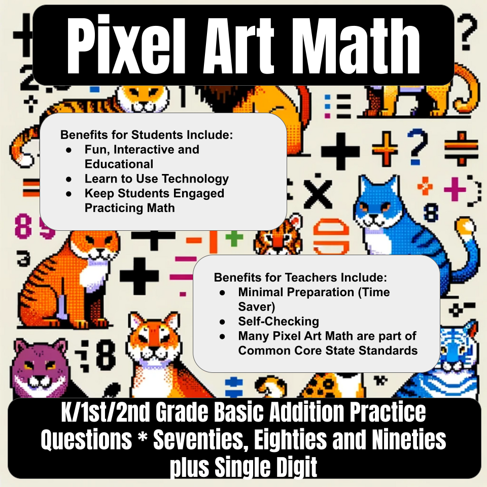 Pixel Art Math 2 Digit(70s,80s,90s) + 1 Digit Addition for Google Sheets