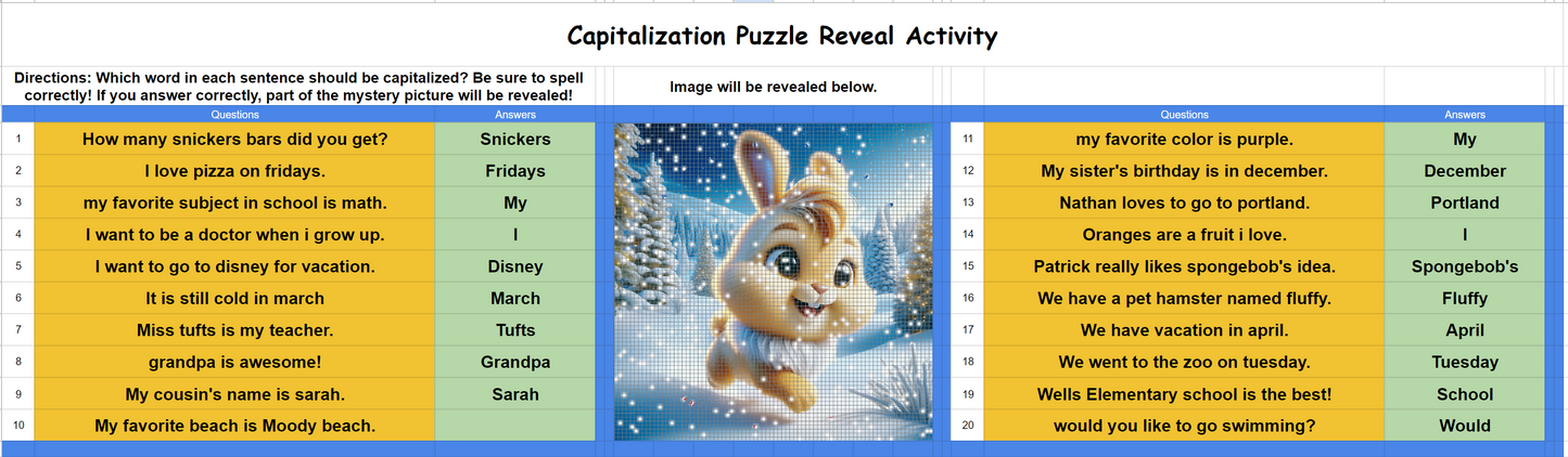 Pixel Art Reveal Activity - Language Capitalization and adding (ing,ed)