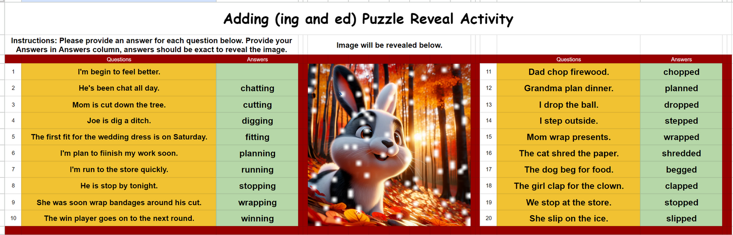 Pixel Art Reveal Activity - Language Capitalization and adding (ing,ed)