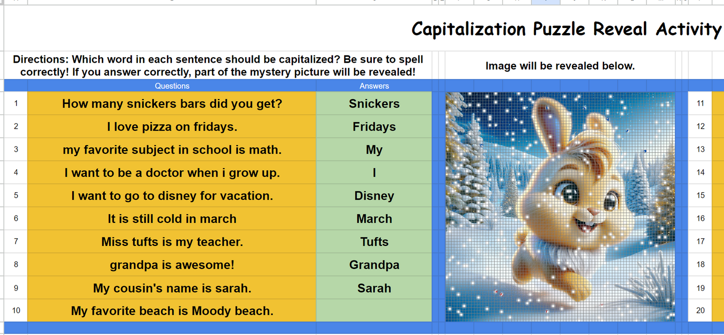 Pixel Art Reveal Activity - Language Capitalization and adding (ing,ed)