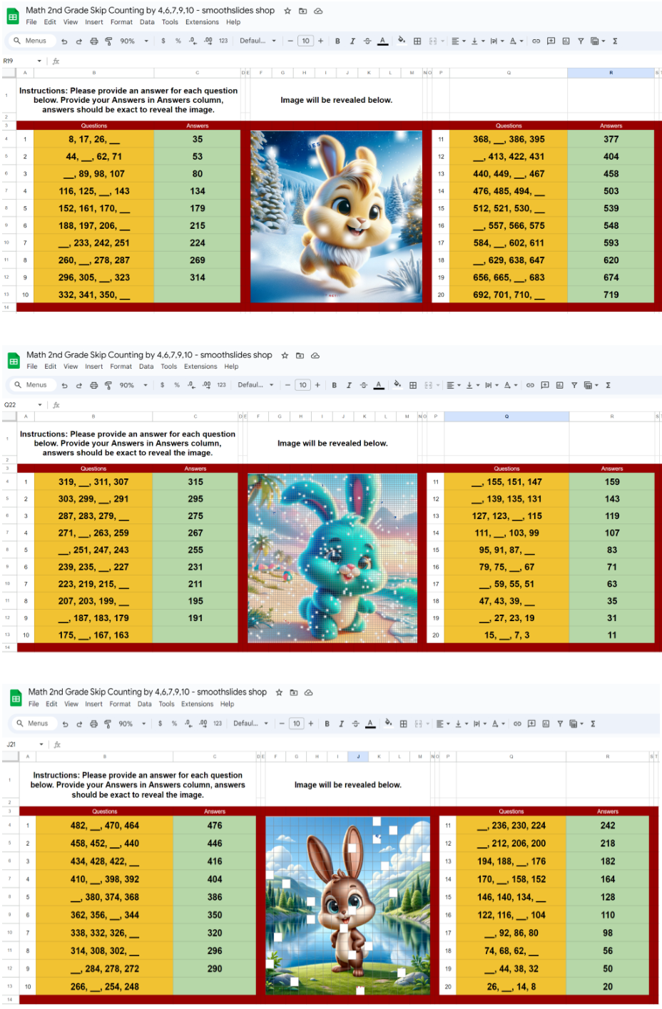 Pixel Art Math Reveal Activity Skip Count Forward 7,9,10 /Reverse Count by 4,6