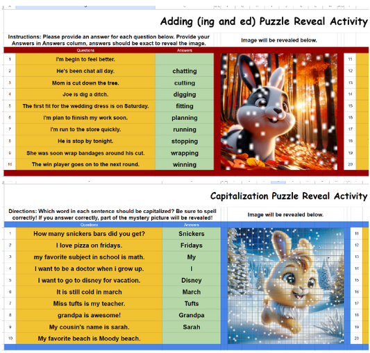 Pixel Art Reveal Activity - Language Capitalization and adding (ing,ed)