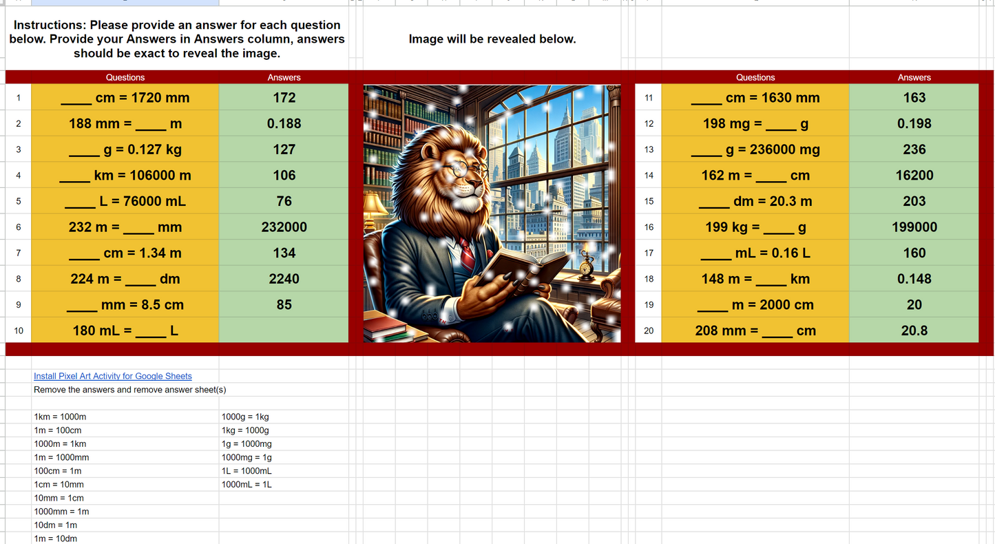 4th Grade Pixel Art Math Converting in Metric System | 6 Beautiful Pixel Art | 120 Questions