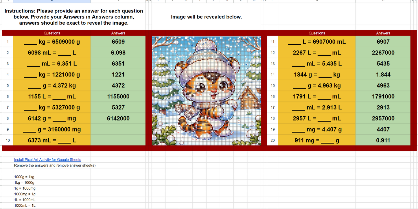 4th Grade Pixel Art Math Converting in Metric System | 6 Beautiful Pixel Art | 120 Questions