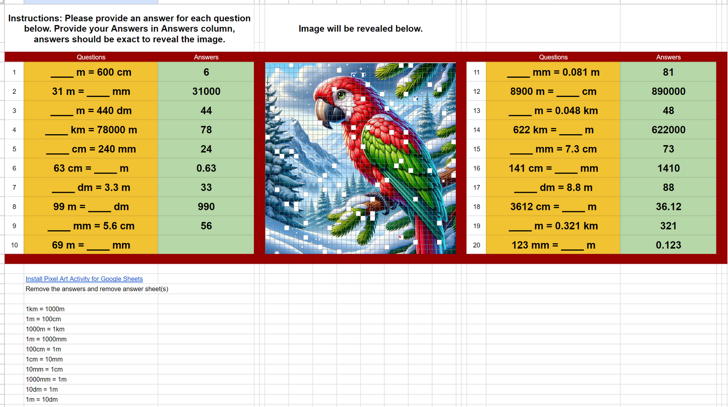 4th Grade Pixel Art Math Converting in Metric System | 6 Beautiful Pixel Art | 120 Questions