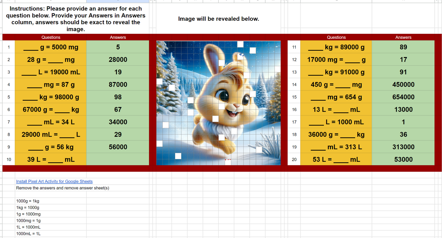 4th Grade Pixel Art Math Converting in Metric System | 6 Beautiful Pixel Art | 120 Questions