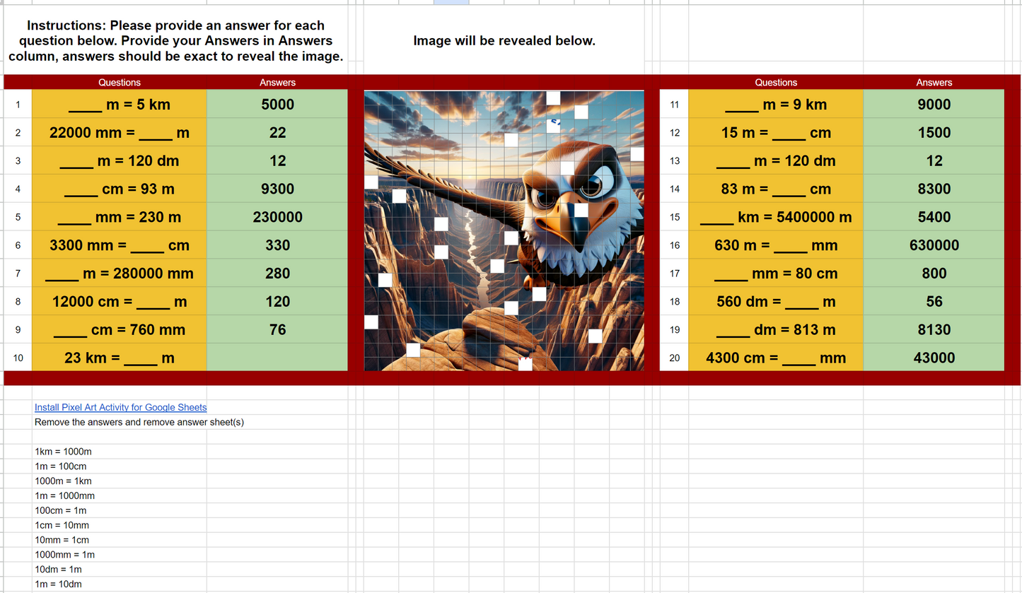 4th Grade Pixel Art Math Converting in Metric System | 6 Beautiful Pixel Art | 120 Questions