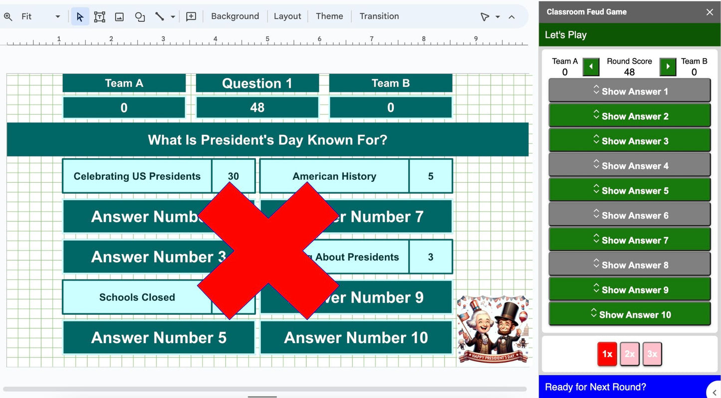 30 President's Day Family Feud Style Questions and Answers Template for Google Slides