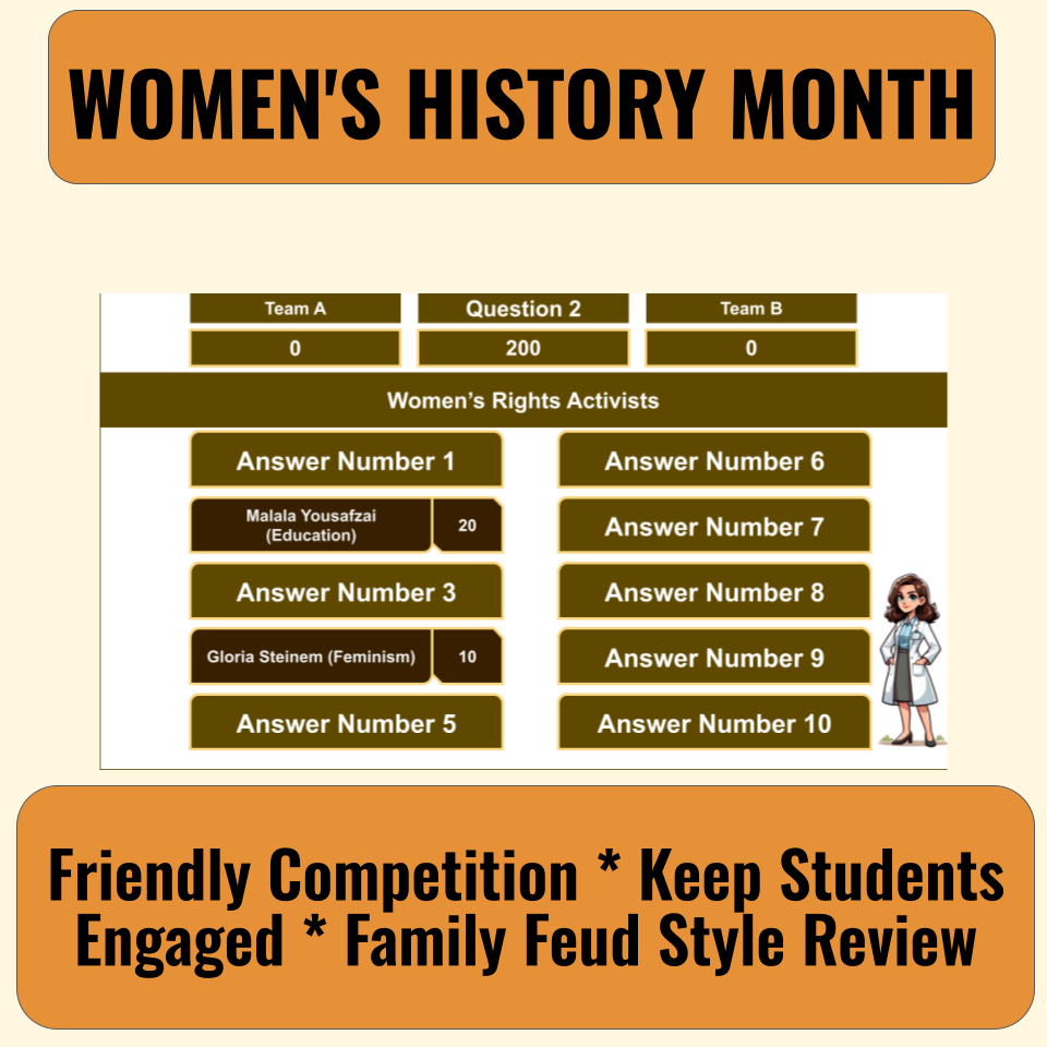 30 Women's History Month Family Feud Style Questions and Answers Template for Google Slides