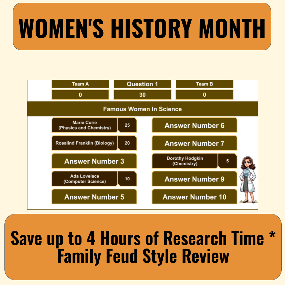 30 Women's History Month Family Feud Style Questions and Answers Template for Google Slides