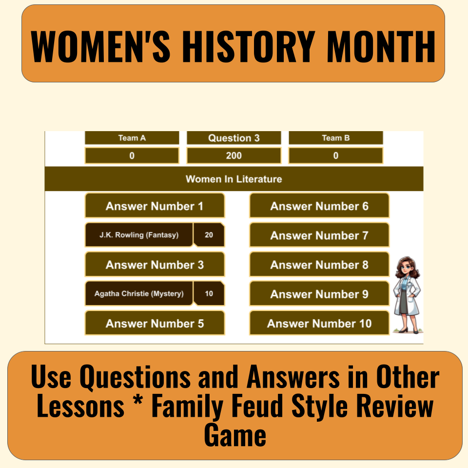 30 Women's History Month Family Feud Style Questions and Answers Template for Google Slides